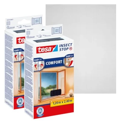 Imagen de tesa Insect Stop Malla Mosquitera COMFORT para Ventanas Paquete de 2 Autoadhesiva con Cierre Gancho y Bucle Tela Antimosquitos Gris Antracita, 2x 120 cm x 240