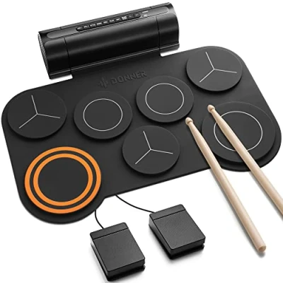 Imagen de Donner Electronic Drum Set, 7 Pads Electric Pad Roll Up, Quiet Altavoz incorporado para niños/principiantes, 40 lecciones de batería incluidas (DED 20)