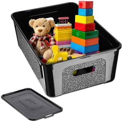 Imagen de KADAX caja de almacenamiento rectangular con tapa, contenedor apilable, plástico, que ahorra espacio (11 L, negro)