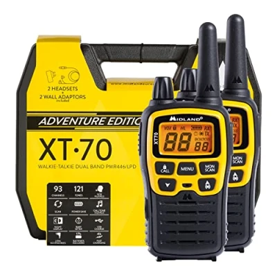 Imagen de Midland XT70 Adventure C1180.01, Walkie Talkie Doble Banda y Carga Rápida, 69 LPD 24 PMR446, 12 Km de Alcance, 38 Tonos 83 Códigos, 2 Transceptores, Maletín Transporte Conservación, Amarillo