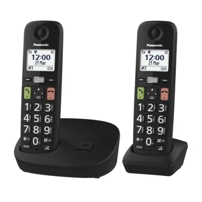 Imagen de Panasonic KX TGU112EXB Teléfono Inalámbrico Digital, Unidad Base y 2 Auriculares, Pantalla LCD, Botones Grandes, Llamada Favorita, Compatible con Audífonos, Negro