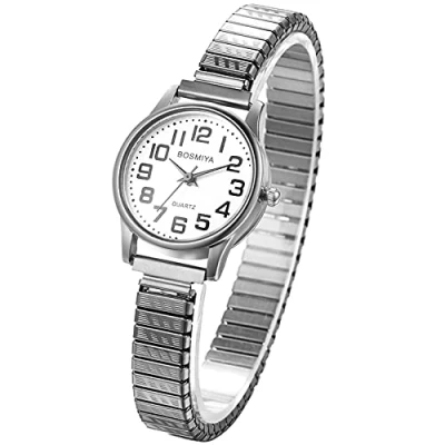 Imagen de JewelryWe Reloj Mujer, para Mujer Sencillo y a la Moda, Ultra Claro Fácil de Leer, Esfera Digital Grande, Práctico con Correa Elástica, Plateada Hombre, Cara Blanca