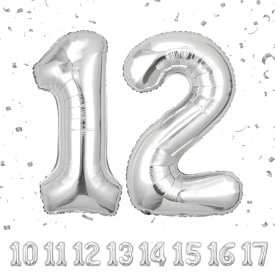 Imagen de Globos de 12 cumpleaños,Plata pulgadas Globo número, decoraciones número cumpleaños para hombre y mujer, inflable lámina Plata