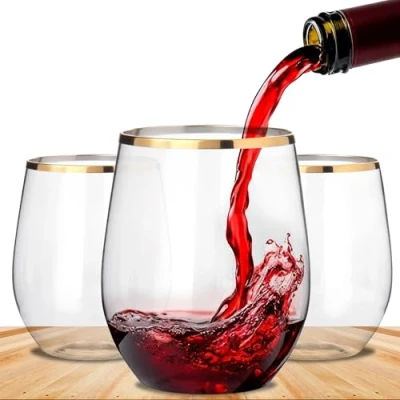 Imagen de BEEPOP Juego de 12 Copas Vino 350ml, Ligeras, irrompibles, reciclables y con borde dorado plástico sin BPA, tallo