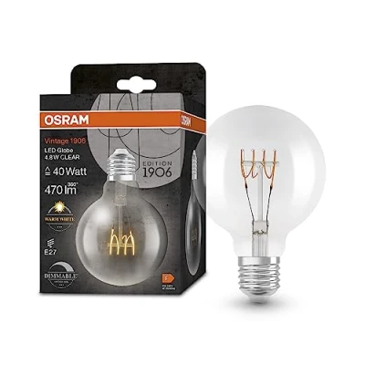 Imagen de OSRAM Lámpara Vintage 1906 Classic Globe95 FIL LED, E27, transparente, 4,8 W, 470 lm, 2700 K, luz blanca cálida, regulable, filamento delgado, optimo consumo de energía, larga duración