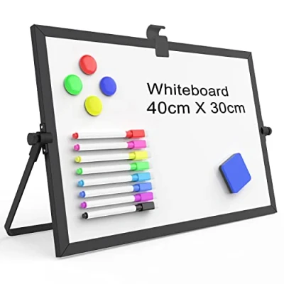 Imagen de OWill pizarra blanca de borrado en seco A3,30 X 40 cm magnetica con soporte y marco aluminio,dry erase whiteboard magnética doble cara bolígrafos,borrador,imán(Negro)
