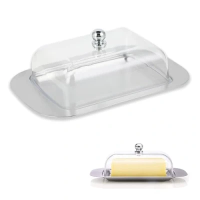 Imagen de mantequillera de acero inoxidable con tapa francesa pulido y plástico PV, apto para lavavajillas, ideal conservar la mantequilla fresca, solución práctica.