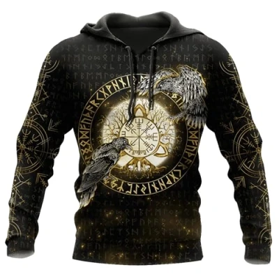 Imagen de MYZTTZR Hugin and Munin,4XL, Valhalla Sudadera con Capucha 3D Nórdico Guerrero Vikingo Proverbios Disfraz Cosplay Poliéster Harajuku Primavera Otoño Medieval Regalo