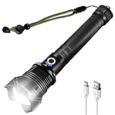 Imagen de WholeFire Linterna LED 90000 Lúmenes Alta Potencia, Impermeable USB Recargable XHP70.2 con Batería y &amp; Cable USB, 3 Modos Indicación Función de Potencia para Camping, Senderismo