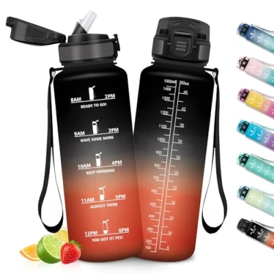 Imagen de HoneyHolly Botella Agua 1,5 Litro, Gimnasio sin BPA con Marcador de Tiempo, Plastico Deportiva Motivacional, Pajita, Cantimplora para Gimnasio, Colegio, Bicicleta