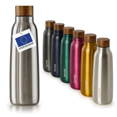 Imagen de Blumtal® botella termica Charles 500ml sin BPA agua acero inoxidable botellas de aislada termo plateado con madera