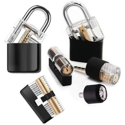 Imagen de Loboo Idea Paquete de 6 candados entrenamiento con cubierta bloqueo negro, juego cerradura práctica/cerraduras transparentes para práctica picking cerraduras