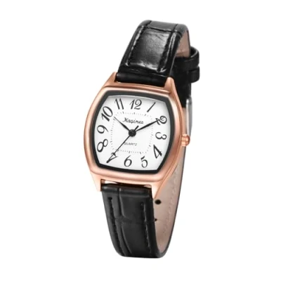 Imagen de JewelryWe Reloj Cuarzo Analógico Mujer: Relojes Negro Cuadrados de Correa Cuero Escala Números Grandes Fácil Lectura para Ocio Deporte Negocios Regalos