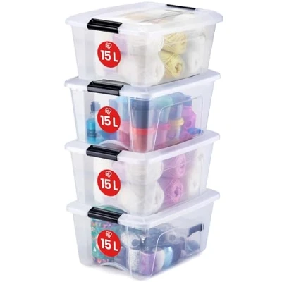 Imagen de Iris Ohyama 4 Cajas de almacenamiento con tapas, 15L, Transparente, Clips Cierre, Duradero, Apilable, para Dormitorio, Armario, Oficina, Organizadora, Ropa, Libre BPA, NTB 15