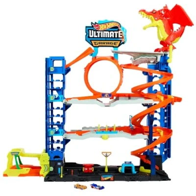 Imagen de Hot Wheels City “Let&#039;s Race ¡a Correr! Netflix Garaje definitivo Pista para Coches de Juguete con dragón y 4 Niveles, Incluye 2 vehículos, +4 años (Mattel HKX48)
