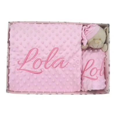 Imagen de Variouss Manta de Bebe Personalizado con su Nombre Bordado, Cochecito o capazo. + DouDou (Rosa)