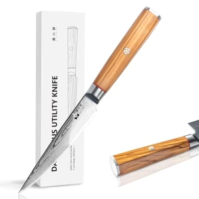 Imagen de FUJUNI Cuchillo Multiusos Cocina, Cocina Profesional Damasco 12,5CM de Acero 67 Capas, Núcleo Corte Súper VG10 con Mango Madera Olivo