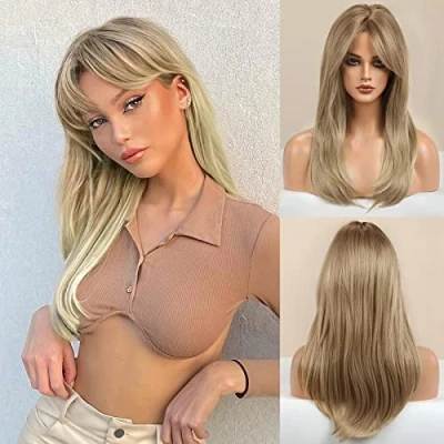 Imagen de Honygebia Peluca Rubio Oscuro con Flequillo para Mujer, Largo y Ondulado, pelo Sintético Natural Realista, Resistente al Calor Carnaval, Disfraces, Fiestas Temáticas