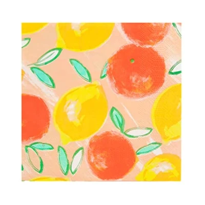 Imagen de servilletas de papel desechables tropicales verano con diseño limones y naranjas, coloridas para decoupage, decoraciones mesa fiesta comedor al aire libre,