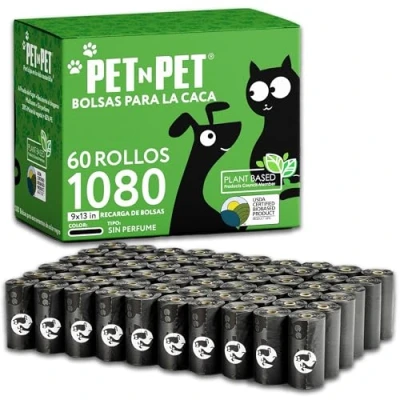 Imagen de PET N Bolsa de caca para perros y bolsas basura base biológica con certificación del USDA al 38% 1080 Unidades 60 Rollos 9x13 pulgadas, sin perfume