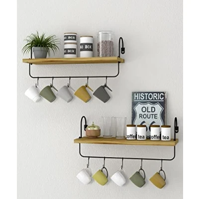 Imagen de Petrala estantería de pared madera para café o cocina, flotante, juego 2 unidades, tabla con toallero, gancho rústico, vintage, sala estar, tazas
