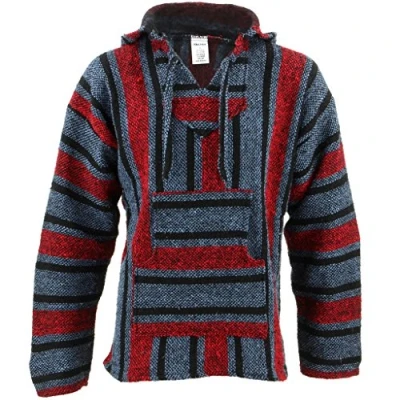 Imagen de Sudadera estilo hippie mexicano, color rojo y azul, con capucha azul Medium