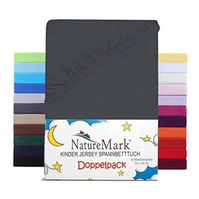 Imagen de NatureMark Juego de 2 sábanas bajeras ajustables para niños, 100% algodón, cuna y cuna, 70 x 140 cm, gris antracita