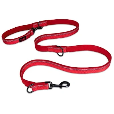 Imagen de Correa para Perro Doble Enganche HALTI de entrenamiento con acolchado neopreno, tejido reflectante 3M y opciones longitud ajustable. Apto perros pequeños medianos (Talla S, Rojo)