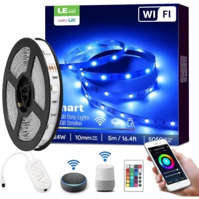 Imagen de LE Luces LED Habitacion 5M 24W, Tiras WiFi, 16 Millones RGB Regulable con Temporizador, Control Remoto y APP, Compatible Alexa/Google Home, Decoración para Habitación, Cocina (Solo 2,4 GHz)