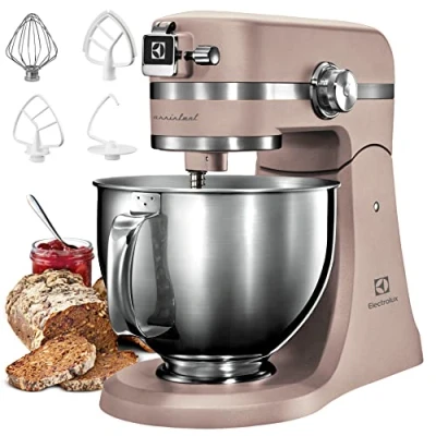 Imagen de Electrolux Asistente de cocina modelo EKM5570, aparato con gancho amasador, protección contra salpicaduras, batidor globos, tapa fermentación, 1200 W, dos cuencos grandes 2,9 litros
