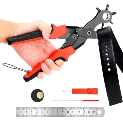 Imagen de RISVOWO Sacabocados Cuero, Agujeros Cinturon con 6 Tamaños 2 4.5 mm, Pinza de troquelado giratorios, Herramienta Alicate para perforar tarjetas, correas reloj, zapatos cuero