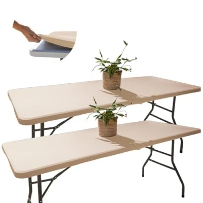 Imagen de 2 Manteles Mesa Rectangular 182x76, Tela Champagne Elástico, Ajustable, Repelente al Agua, Antiarrugas, Ideal para Exterior, Jardín, Camping y Ajuste Elastico Funda Plegable, Resistente