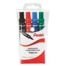 Imagen de Pentel N50 Juego de rotuladores indelebles (4 unidades, punta cónica, tinta negra, azul, roja y verde)