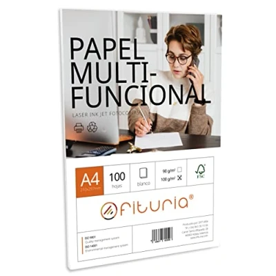 Imagen de Paquete de folios A4 con 100 Hojas Blancas, Papel Multifuncional para Uso Escolar y Entornos Laborales. Ideal impresoras láser, inyección o fotocopiadoras Ofituria (100 g/m2)