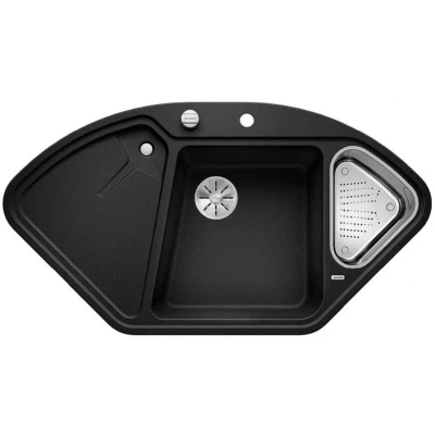 Imagen de BLANCO DELTA II Fregadero de esquina,fregadero cocina en Silgranit PuraDur,negro,sistema desagüe InFino,incluye bandeja acero inoxidable y control a distancia drenaje;mueble bajo 90 cm