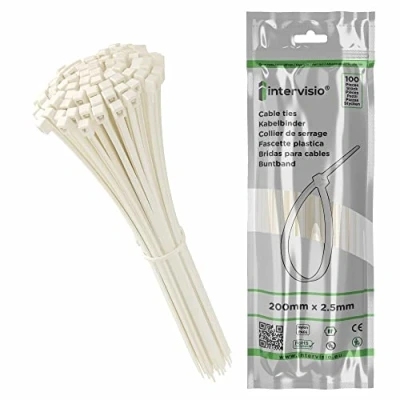 Imagen de intervisio Bridas de Plastico para Cables 200mm x 2,5mm, Blanco, 100 Piezas