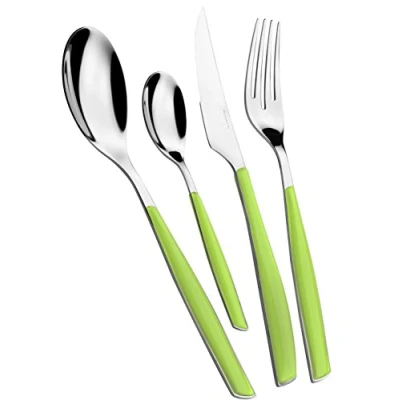 Imagen de Juego de cubiertos BUGATTI, Glamour, 24 piezas en acero inoxidable 18/10 y mango MANZANA VERDE. para 6 personas compuesto por cucharas, tenedores, cuchillos cucharas café