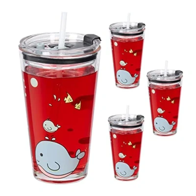 Imagen de Relaxdays Set de 4 Vasos Infantiles, Diseño Ballena, Jarrita Agua Niños, Tapa y Pajita, 450 ml, Cristal, Transparente