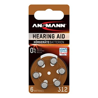 Imagen de Ansmann 5013233 Pila para audífono 312 zinc aire, 1,4V PR41 AZA312, 6 unidades, color marrón