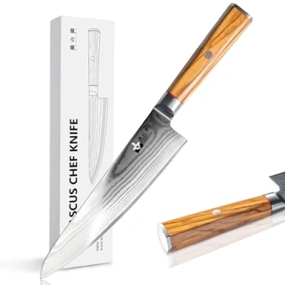 Imagen de FUJUNI Cuchillo Cocina Profesional, de Damasco Chef 20CM Acero 67 Capas, Núcleo Corte Súper VG10 con Mango Madera Olivo