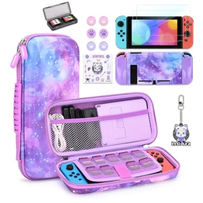 Imagen de Funda para Switch, Estuche Switch Kit de Accesorios 14 en 1 innoAura con Bolsa Transporte Protectora Switch,Cubierta Protección, Ranura y Cubierta Pulgar (Púrpura Galaxia)