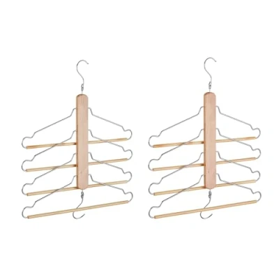 Imagen de Relaxdays Perchas Múltiples, 4 en 1, Ahorra Espacio, Set de 2 Uds., Barra Pantalones, Madera y Metal, Natural Plateado
