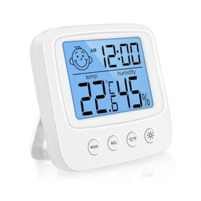Imagen de Vinabo Termómetro Higrómetro Interior Digital de Alta Precisión, Interior, Escritorio con Monitor Temperatura y Humedad Retroiluminación Reloj
