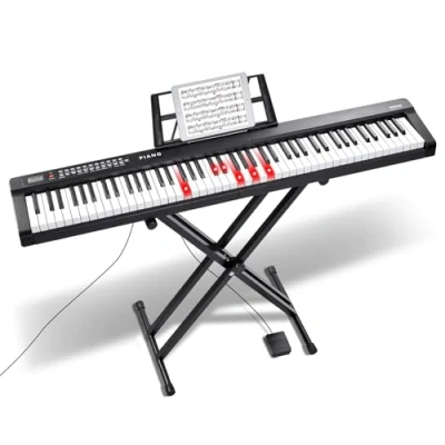 Imagen de VEVOR 88 Teclas Piano de Teclado Digital Portátil Semipesadas 1000 Tonos con Soporte Ajustable, Altavoces Incorporados, Pedal Sustain, Auriculares, Bluetooth, Midi, USB para Principiantes