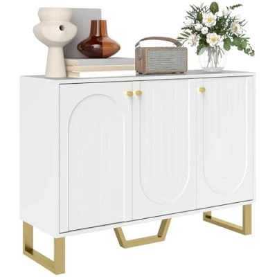 Imagen de HOMCOM Aparador 3 Puertas para Salón Moderno con Estantes Ajustables y Patas Doradas Comedor Entrada Mueble TV hasta 50 Pulgadas Blanco 106,5x35x77,5