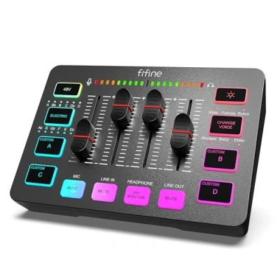 Imagen de FIFINE Mezclador de Audio, RGB Streaming Gaming Audio Mixer PC con Interfaz XLR, Control Individual, Volumen, Botón Silencio, Alimentación Phantom 48V