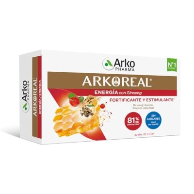 Imagen de Arkopharma Arkoreal Jalea Real Energia con Ginseng Sin Azúcares 20 Ampollas, Plus de Energía, Fortificante, Estimulante, Complemento Alimenticio
