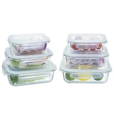 Imagen de Navaris Set de 6 fiambreras cristal con tapa 6x Recipientes variados herméticos antifugas para horno microondas congelador y lavavajillas 2x 370ml 640ml 1040ml