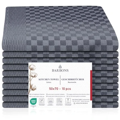 Imagen de BARBONS 10 Paños de Cocina Premium 240 g/m² 85 g Trapos 100% Algodon Certificado Öko Tex Muy absorbentes Azulejo Cuadrado Negro Antracita (50x70 cm)