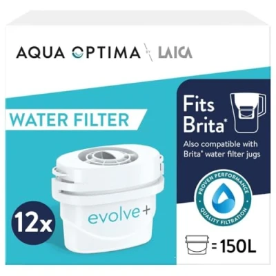 Imagen de Cartucho de filtro agua Aqua Optima Evolve+ paquete 12 (suministro para meses), sistema filtración en 5 etapas que reduce el cloro, compatible con las jarras Brita y PerfectFit